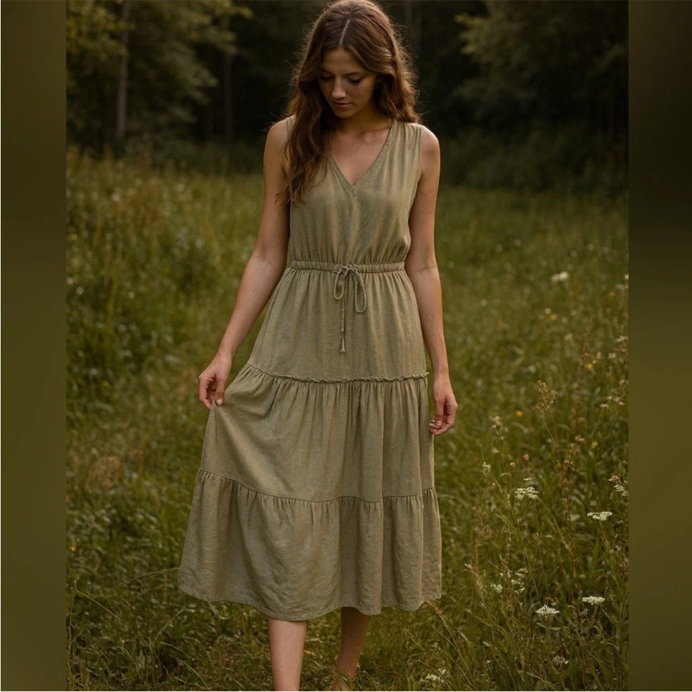 Lands' End khaki Tiered and Gathered Maxi Dress